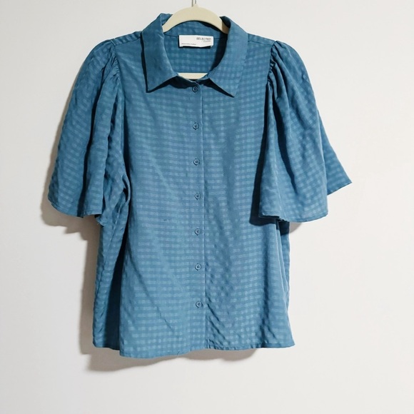 SELECTED/FEMME - Blue Flutter Sleeve Button Down Blouse - Picture 1 of 5